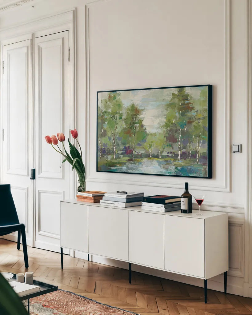 Forest at Dawn Crop by Silvia Vassileva. shown as a framed stretched canvas in a living room above a console. Available as a archival giclee rolled canvas, fine art paper, or poster print. SKU 13975i.