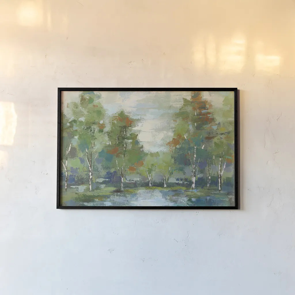 Forest at Dawn Turquoise Crop by Silvia Vassileva. shown as a paper print in a black flame. Available as a archival giclee rolled canvas, fine art paper, or poster print. SKU 46150i.