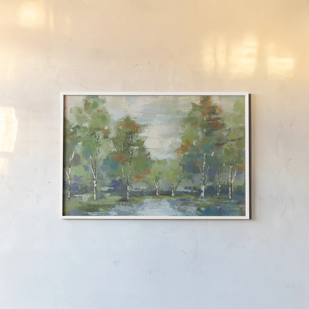 Forest at Dawn Turquoise Crop by Silvia Vassileva. shown as a paper print in a white frame. Available as a archival giclee rolled canvas, fine art paper, or poster print. SKU 46150i.