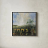 Forest at Sunrise by Silvia Vassileva. Shown in a sleek black glass frame for a contemporary gallery look. Available as an archival giclee rolled canvas, fine art paper, or poster print. SKU 99706a.