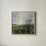 Forest at Sunrise by Silvia Vassileva. Shown in a natural wood glass frame for a timeless modern aesthetic. Available as an archival giclee rolled canvas, fine art paper, or poster print. SKU 99706a.