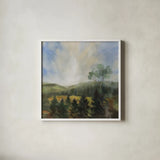 Forest at Sunrise by Silvia Vassileva. Shown in a crisp white glass frame for a clean and minimalist style. Available as an archival giclee rolled canvas, fine art paper, or poster print. SKU 99706a.