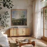 Forest at Sunrise by Silvia Vassileva. Shown in a natural wood frame in a cozy modern living room. Available as an archival giclee rolled canvas, fine art paper, or poster print. SKU 99706a.