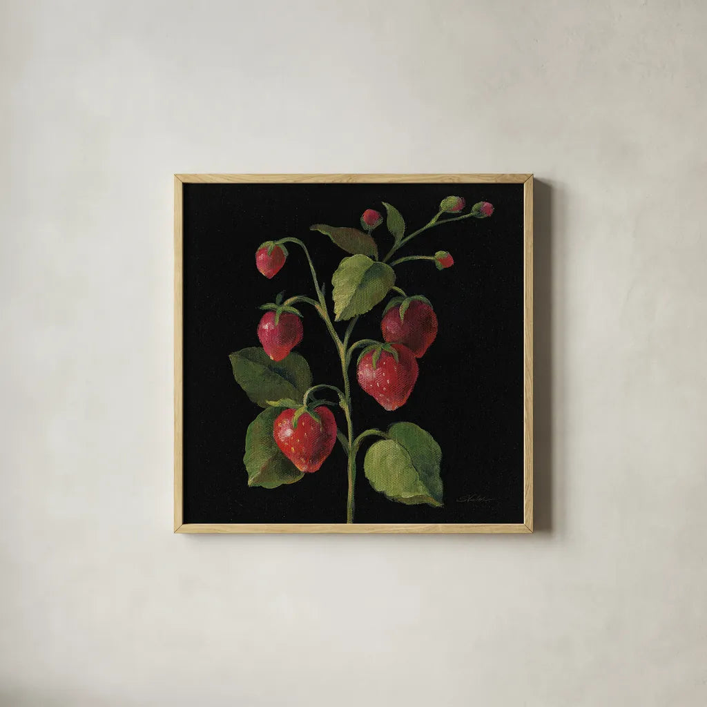 Fraise no Words by Silvia Vassileva. Shown in a natural wood glass frame for a timeless modern aesthetic. Available as an archival giclee rolled canvas, fine art paper, or poster print. SKU 29205a.