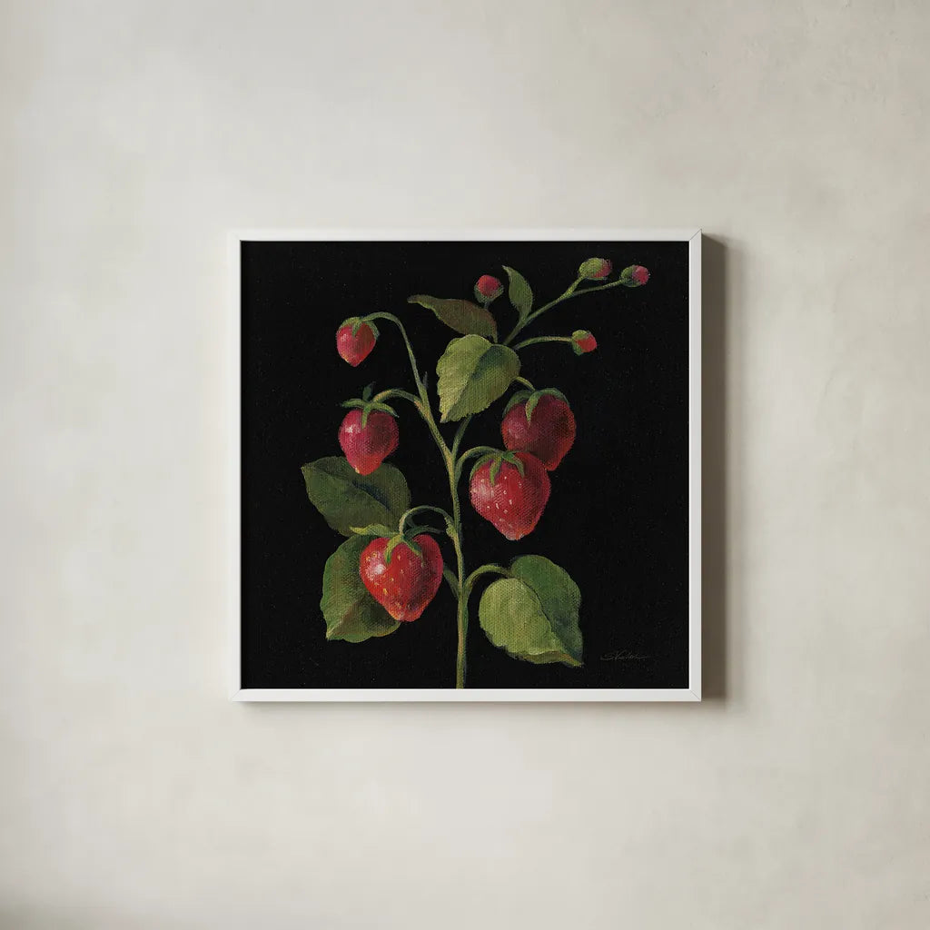 Fraise no Words by Silvia Vassileva. Shown in a crisp white glass frame for a clean and minimalist style. Available as an archival giclee rolled canvas, fine art paper, or poster print. SKU 29205a.