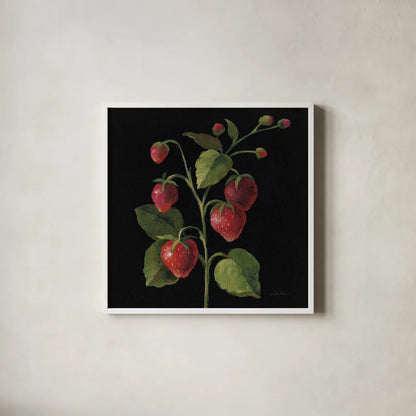 Fraise no Words by Silvia Vassileva. Shown in a crisp white glass frame for a clean and minimalist style. Available as an archival giclee rolled canvas, fine art paper, or poster print. SKU 29205a.
