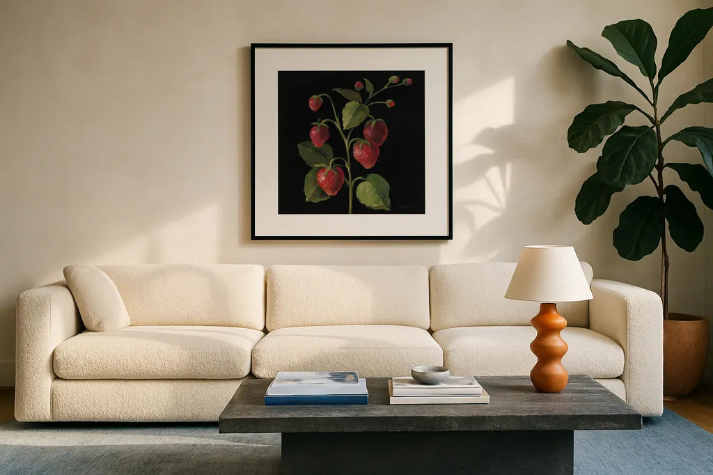 Fraise no Words by Silvia Vassileva. Displayed in a glass frame with matte in a clean modern living room. Available as an archival giclee rolled canvas, fine art paper, or poster print. SKU 29205a.