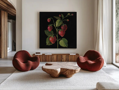 Fraise no Words by Silvia Vassileva. Shown as extra-large giant wall art in a modern living room. Available as an archival giclee rolled canvas, fine art paper, or poster print. SKU 29205a.