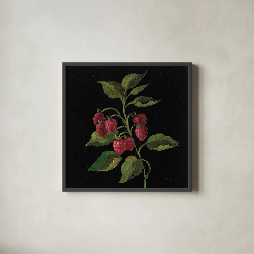 Framboise no Words by Silvia Vassileva. Shown in a sleek black glass frame for a contemporary gallery look. Available as an archival giclee rolled canvas, fine art paper, or poster print. SKU 29207a.