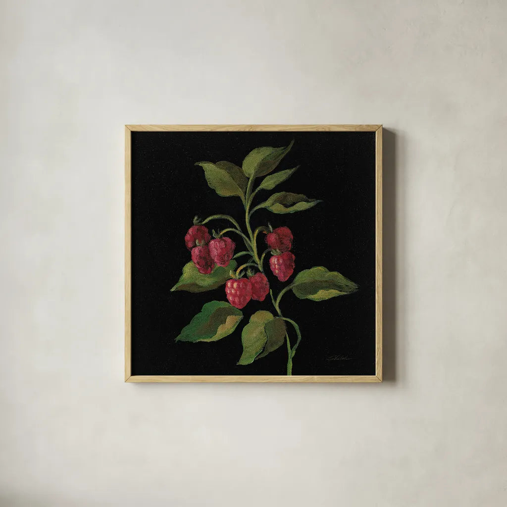 Framboise no Words by Silvia Vassileva. Shown in a natural wood glass frame for a timeless modern aesthetic. Available as an archival giclee rolled canvas, fine art paper, or poster print. SKU 29207a.