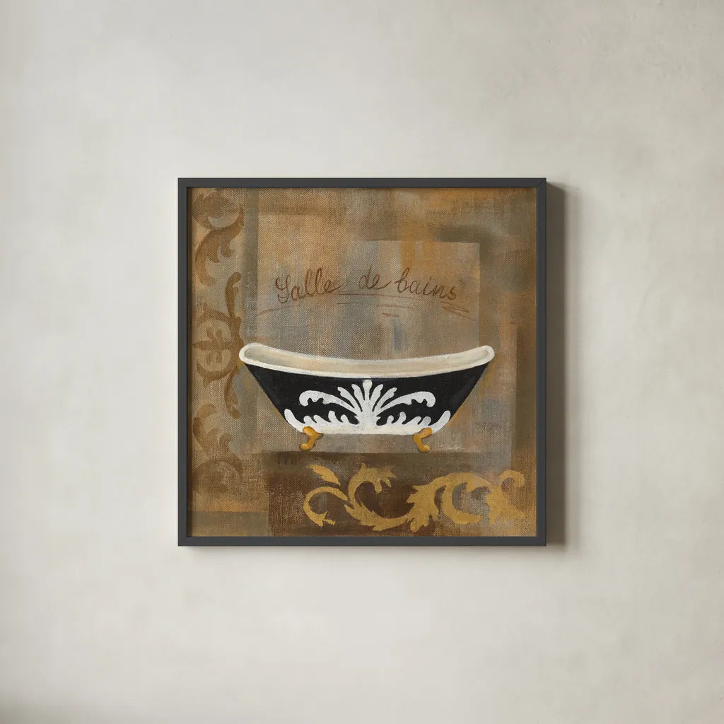 French Bathtub I by Silvia Vassileva. Shown in a sleek black glass frame for a contemporary gallery look. Available as an archival giclee rolled canvas, fine art paper, or poster print. SKU 8360a.