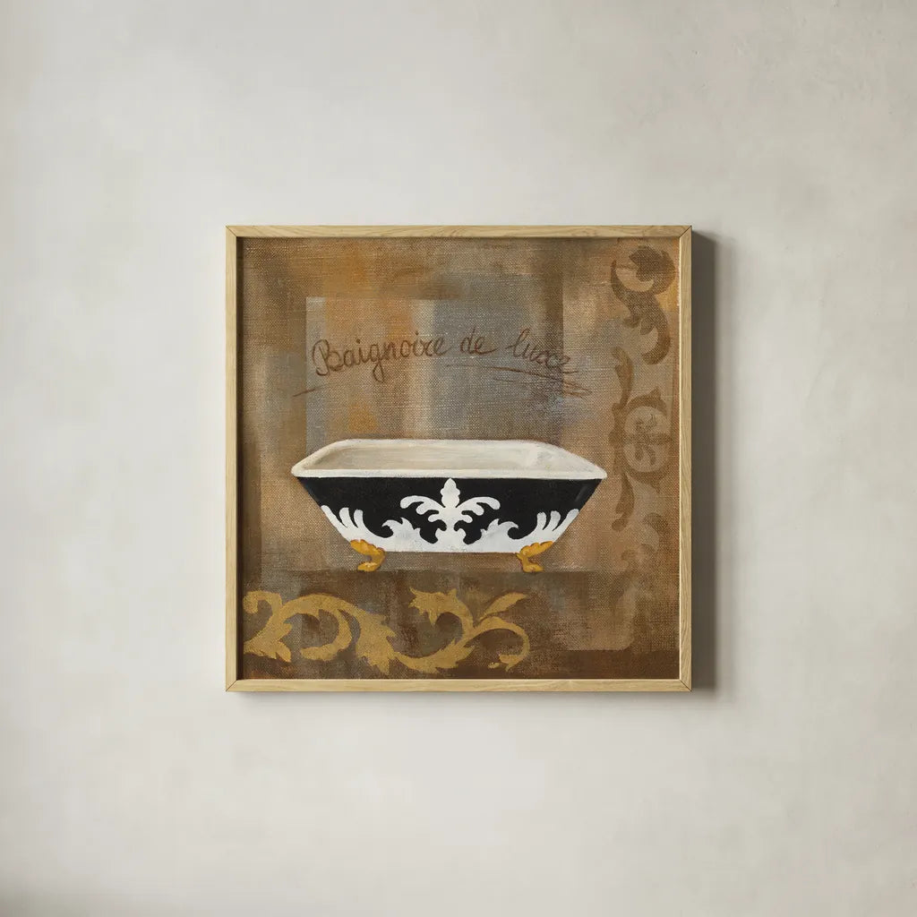 French Bathtub II by Silvia Vassileva. Shown in a natural wood glass frame for a timeless modern aesthetic. Available as an archival giclee rolled canvas, fine art paper, or poster print. SKU 8361a.