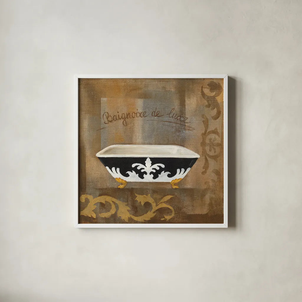 French Bathtub II by Silvia Vassileva. Shown in a crisp white glass frame for a clean and minimalist style. Available as an archival giclee rolled canvas, fine art paper, or poster print. SKU 8361a.