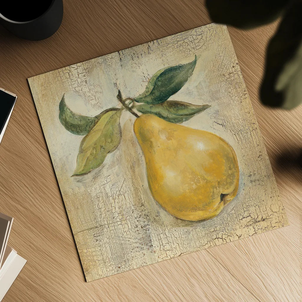 French Pear by Silvia Vassileva. Shown as a detailed flat fine art print, highlighting archival giclee quality. Available as an archival giclee rolled canvas, fine art paper, or poster print. SKU 75552a.