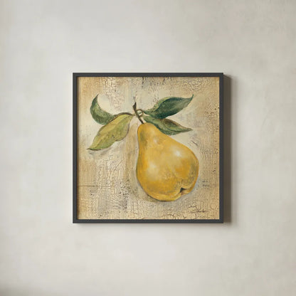 French Pear by Silvia Vassileva. Shown in a sleek black glass frame for a contemporary gallery look. Available as an archival giclee rolled canvas, fine art paper, or poster print. SKU 75552a.