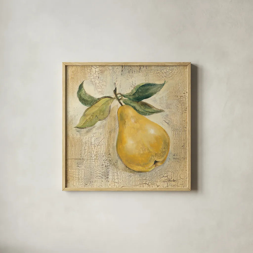 French Pear by Silvia Vassileva. Shown in a natural wood glass frame for a timeless modern aesthetic. Available as an archival giclee rolled canvas, fine art paper, or poster print. SKU 75552a.