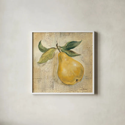 French Pear by Silvia Vassileva. Shown in a crisp white glass frame for a clean and minimalist style. Available as an archival giclee rolled canvas, fine art paper, or poster print. SKU 75552a.