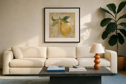 French Pear by Silvia Vassileva. Displayed in a glass frame with matte in a clean modern living room. Available as an archival giclee rolled canvas, fine art paper, or poster print. SKU 75552a.