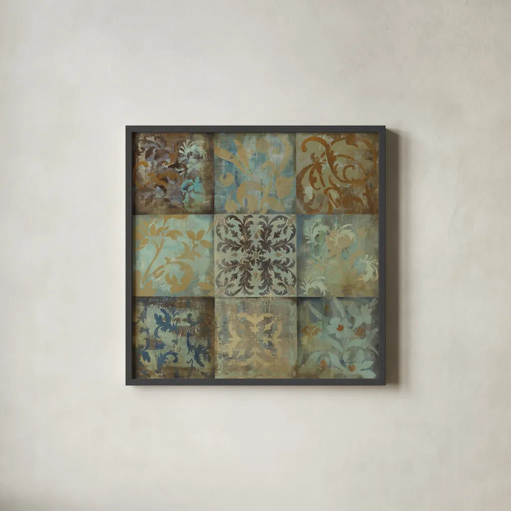 French Tile I by Silvia Vassileva. Shown in a sleek black glass frame for a contemporary gallery look. Available as an archival giclee rolled canvas, fine art paper, or poster print. SKU 60341a.