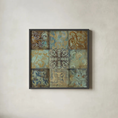 French Tile I by Silvia Vassileva. Shown in a sleek black glass frame for a contemporary gallery look. Available as an archival giclee rolled canvas, fine art paper, or poster print. SKU 60341a.