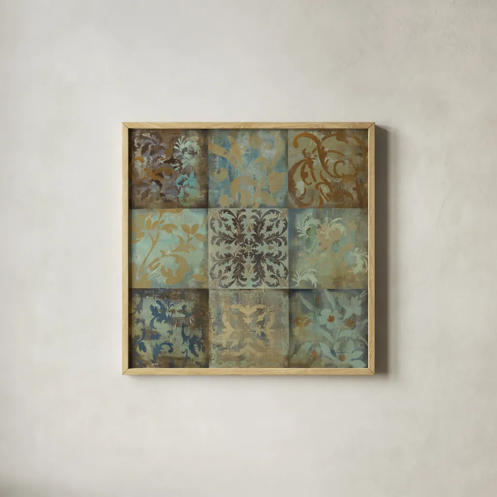 French Tile I by Silvia Vassileva. Shown in a natural wood glass frame for a timeless modern aesthetic. Available as an archival giclee rolled canvas, fine art paper, or poster print. SKU 60341a.
