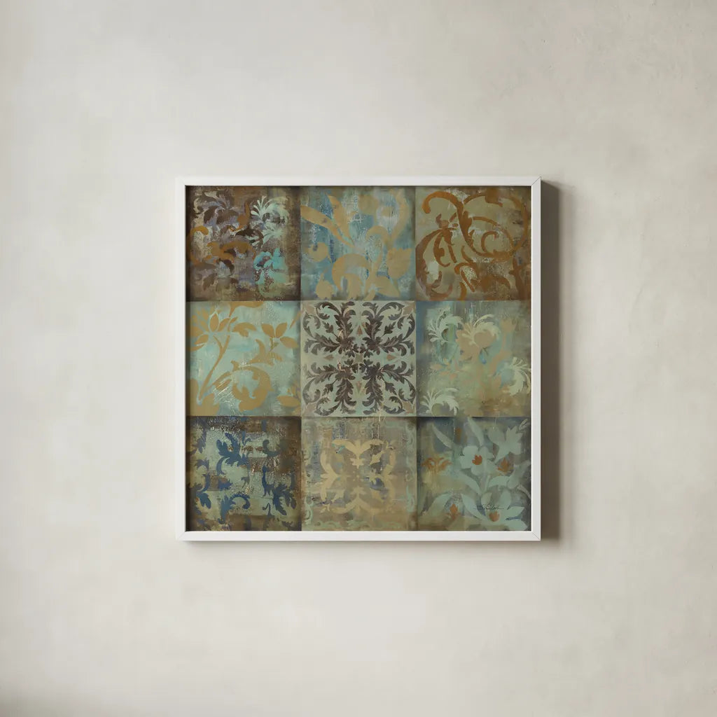 French Tile I by Silvia Vassileva. Shown in a crisp white glass frame for a clean and minimalist style. Available as an archival giclee rolled canvas, fine art paper, or poster print. SKU 60341a.