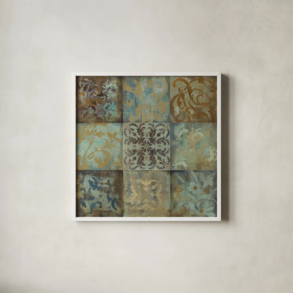 French Tile I by Silvia Vassileva. Shown in a crisp white glass frame for a clean and minimalist style. Available as an archival giclee rolled canvas, fine art paper, or poster print. SKU 60341a.