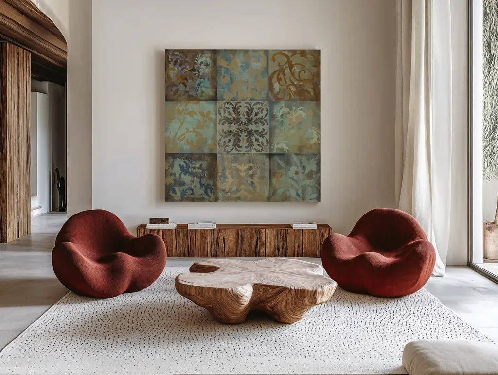 French Tile I by Silvia Vassileva. Shown as extra-large giant wall art in a modern living room. Available as an archival giclee rolled canvas, fine art paper, or poster print. SKU 60341a.