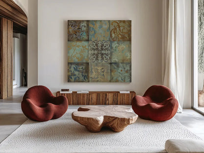 French Tile I by Silvia Vassileva. Shown as extra-large giant wall art in a modern living room. Available as an archival giclee rolled canvas, fine art paper, or poster print. SKU 60341a.