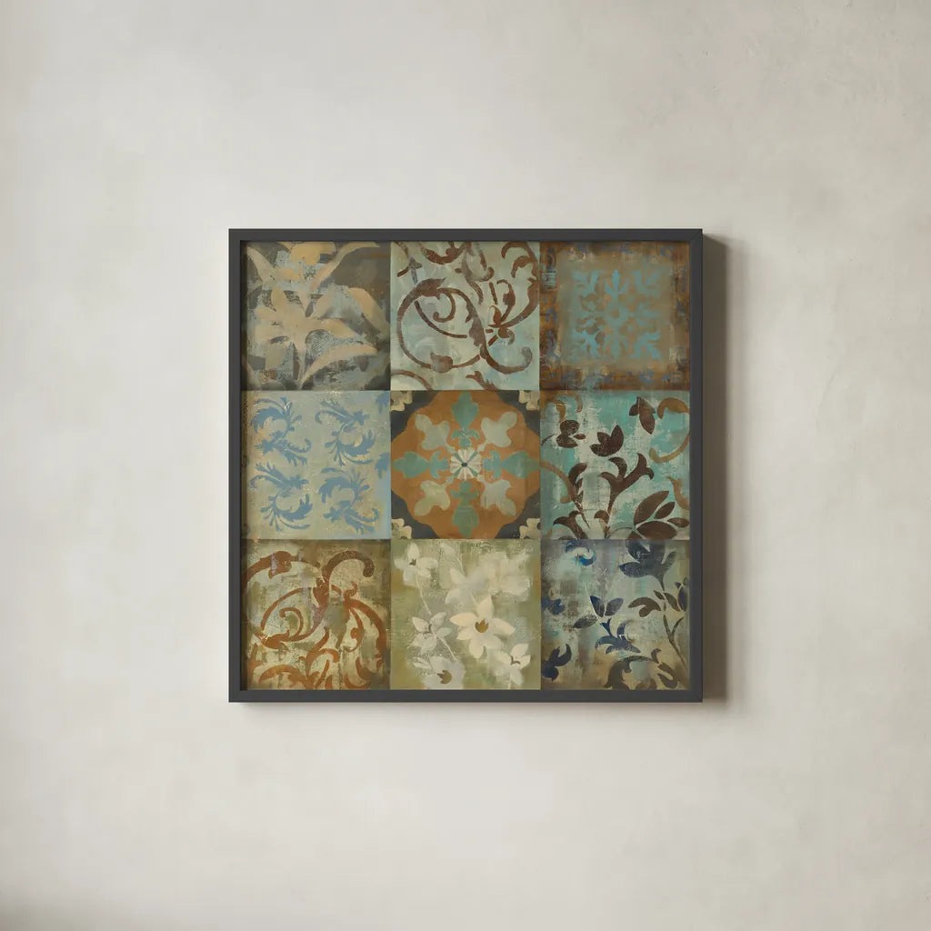 French Tile II by Silvia Vassileva. Shown in a sleek black glass frame for a contemporary gallery look. Available as an archival giclee rolled canvas, fine art paper, or poster print. SKU 3143a.