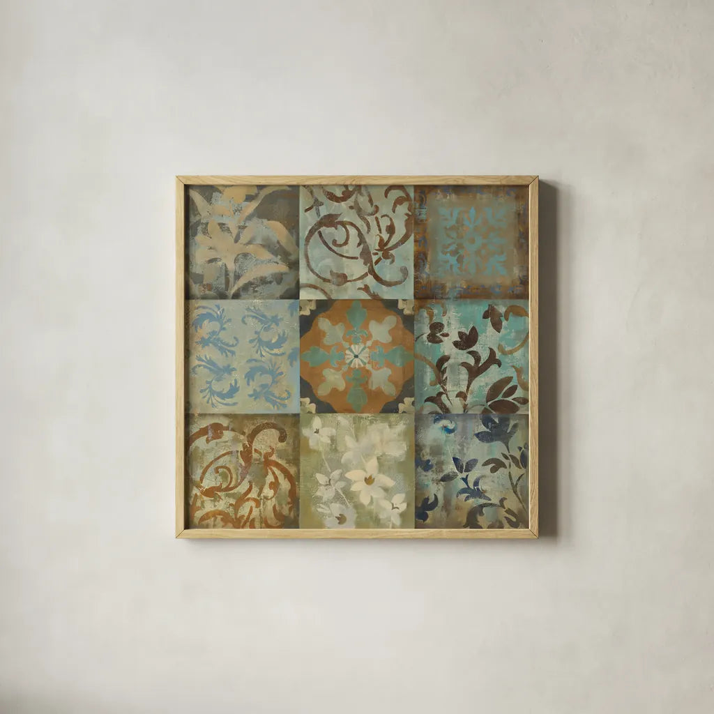 French Tile II by Silvia Vassileva. Shown in a natural wood glass frame for a timeless modern aesthetic. Available as an archival giclee rolled canvas, fine art paper, or poster print. SKU 3143a.