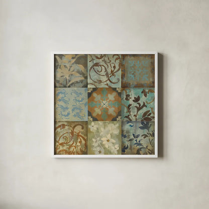 French Tile II by Silvia Vassileva. Shown in a crisp white glass frame for a clean and minimalist style. Available as an archival giclee rolled canvas, fine art paper, or poster print. SKU 3143a.