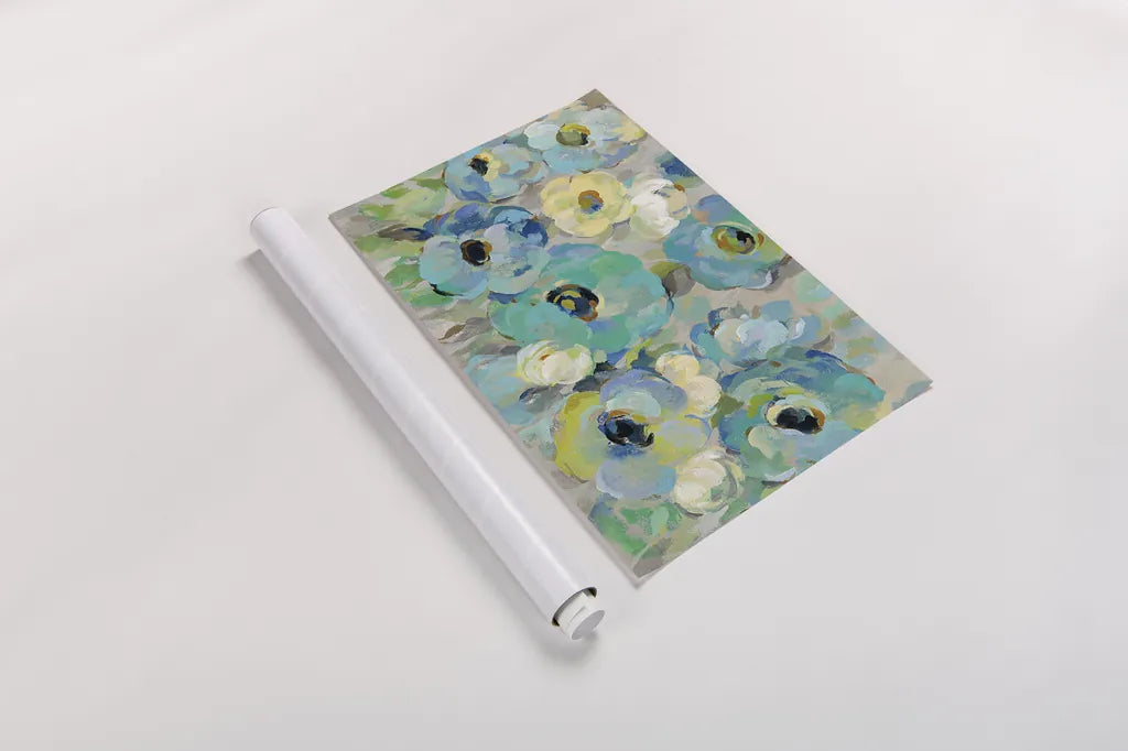 Fresh Teal Flowers Crop by Silvia Vassileva. shown as a rolled paper print. Available as archival giclee rolled canvas, fine art paper, or poster print. SKU 21120i.