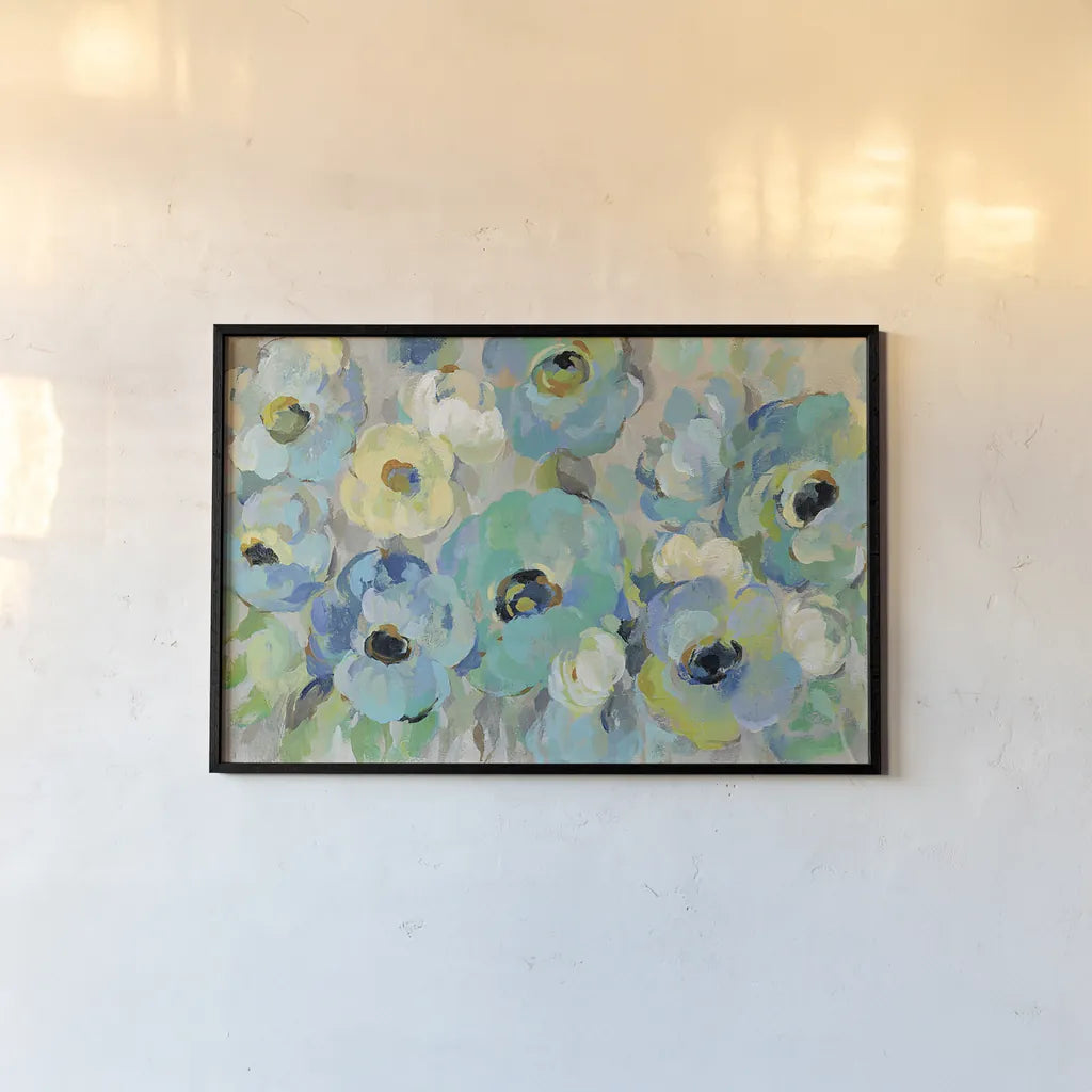 Fresh Teal Flowers Crop by Silvia Vassileva. shown as a paper print in a black flame. Available as a archival giclee rolled canvas, fine art paper, or poster print. SKU 21120i.
