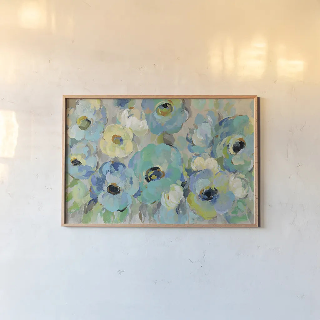 Fresh Teal Flowers Crop by Silvia Vassileva. shown as a paper print in a natural frame. Available as a archival giclee rolled canvas, fine art paper, or poster print. SKU 21120i.