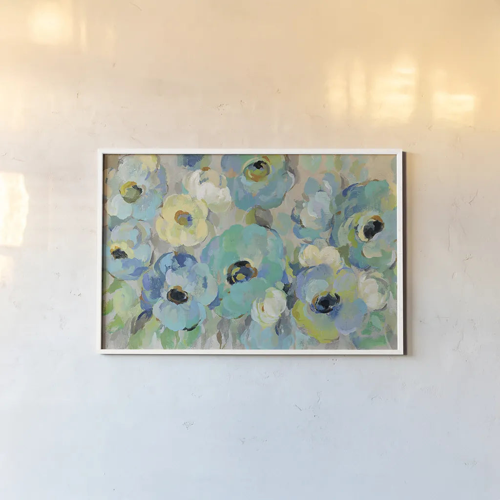 Fresh Teal Flowers Crop by Silvia Vassileva. shown as a paper print in a white frame. Available as a archival giclee rolled canvas, fine art paper, or poster print. SKU 21120i.