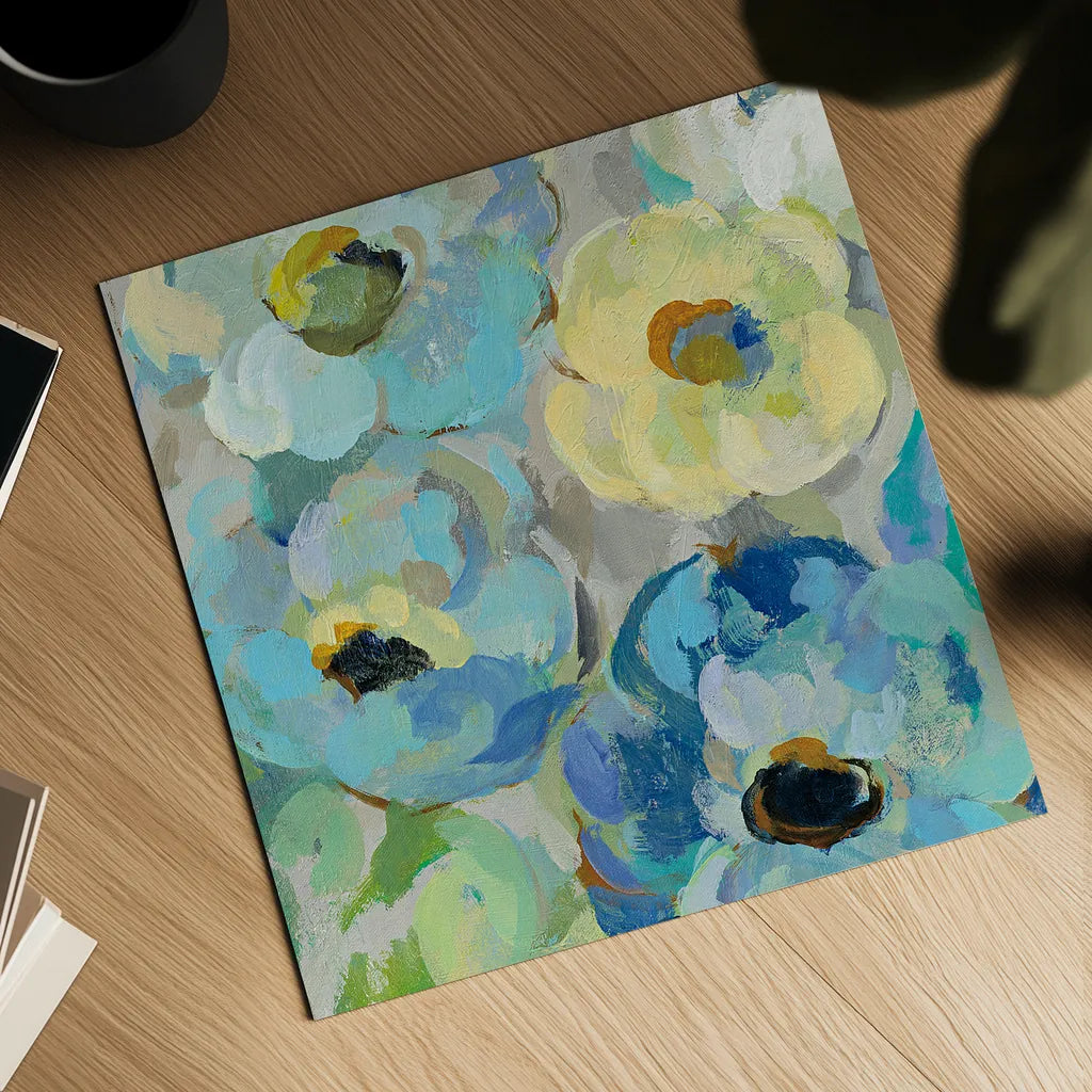 Fresh Teal Flowers II by Silvia Vassileva. Shown as a detailed flat fine art print, highlighting archival giclee quality. Available as an archival giclee rolled canvas, fine art paper, or poster print. SKU 34422a.