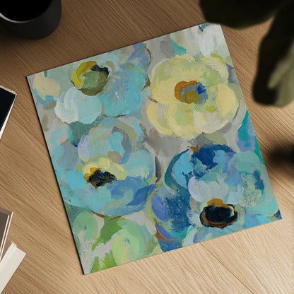 Fresh Teal Flowers II by Silvia Vassileva. Shown as a detailed flat fine art print, highlighting archival giclee quality. Available as an archival giclee rolled canvas, fine art paper, or poster print. SKU 34422a.