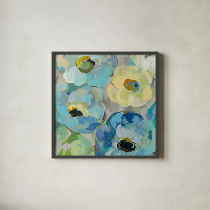 Fresh Teal Flowers II by Silvia Vassileva. Shown in a sleek black glass frame for a contemporary gallery look. Available as an archival giclee rolled canvas, fine art paper, or poster print. SKU 34422a.