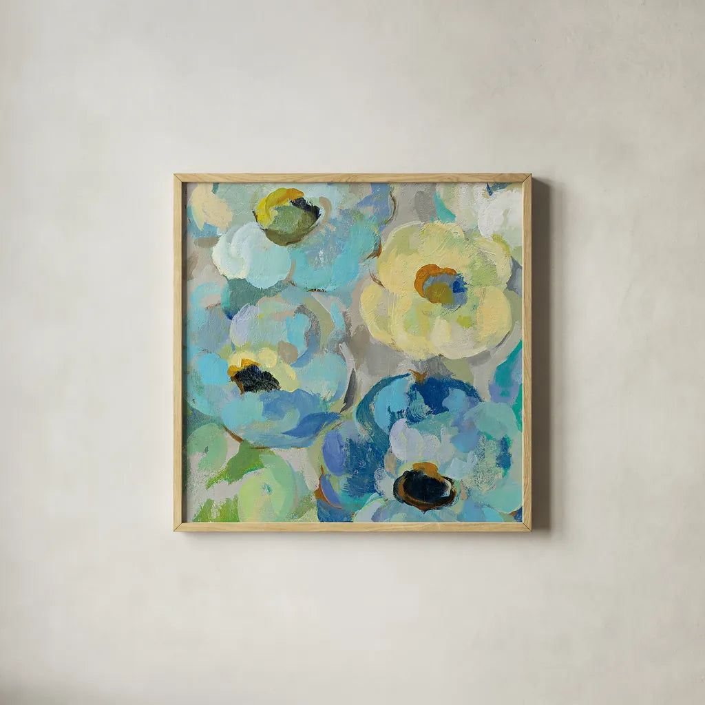 Fresh Teal Flowers II by Silvia Vassileva. Shown in a natural wood glass frame for a timeless modern aesthetic. Available as an archival giclee rolled canvas, fine art paper, or poster print. SKU 34422a.
