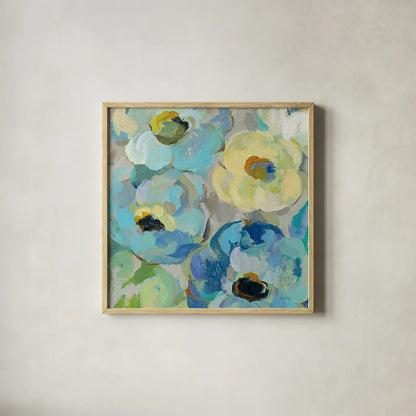 Fresh Teal Flowers II by Silvia Vassileva. Shown in a natural wood glass frame for a timeless modern aesthetic. Available as an archival giclee rolled canvas, fine art paper, or poster print. SKU 34422a.