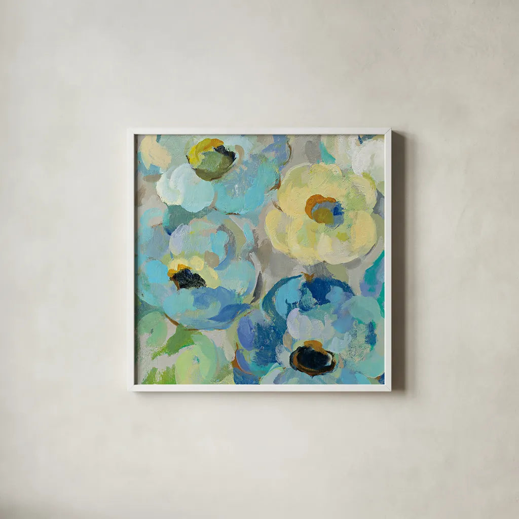 Fresh Teal Flowers II by Silvia Vassileva. Shown in a crisp white glass frame for a clean and minimalist style. Available as an archival giclee rolled canvas, fine art paper, or poster print. SKU 34422a.