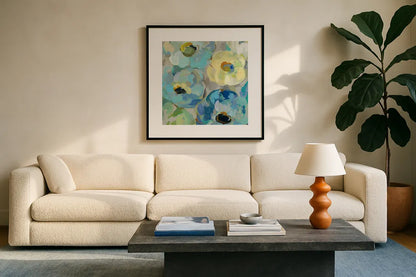 Fresh Teal Flowers II by Silvia Vassileva. Displayed in a glass frame with matte in a clean modern living room. Available as an archival giclee rolled canvas, fine art paper, or poster print. SKU 34422a.