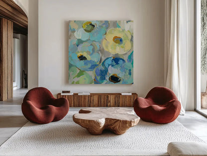 Fresh Teal Flowers II by Silvia Vassileva. Shown as extra-large giant wall art in a modern living room. Available as an archival giclee rolled canvas, fine art paper, or poster print. SKU 34422a.