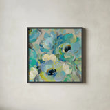 Fresh Teal Flowers III by Silvia Vassileva. Shown in a sleek black glass frame for a contemporary gallery look. Available as an archival giclee rolled canvas, fine art paper, or poster print. SKU 34423a.