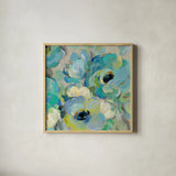 Fresh Teal Flowers III by Silvia Vassileva. Shown in a natural wood glass frame for a timeless modern aesthetic. Available as an archival giclee rolled canvas, fine art paper, or poster print. SKU 34423a.