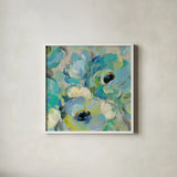 Fresh Teal Flowers III by Silvia Vassileva. Shown in a crisp white glass frame for a clean and minimalist style. Available as an archival giclee rolled canvas, fine art paper, or poster print. SKU 34423a.