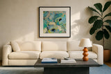 Fresh Teal Flowers III by Silvia Vassileva. Displayed in a glass frame with matte in a clean modern living room. Available as an archival giclee rolled canvas, fine art paper, or poster print. SKU 34423a.