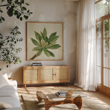 Front Yard Succulent I by Silvia Vassileva. Shown in a natural wood frame in a cozy modern living room. Available as an archival giclee rolled canvas, fine art paper, or poster print. SKU 47316a.