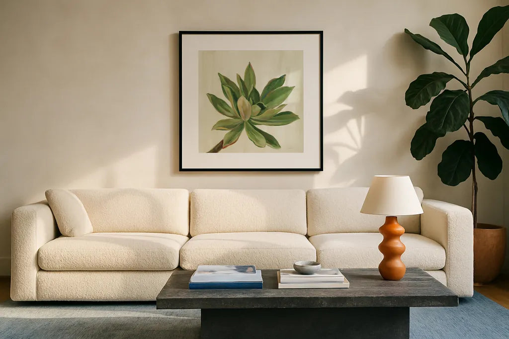Front Yard Succulent I by Silvia Vassileva. Displayed in a glass frame with matte in a clean modern living room. Available as an archival giclee rolled canvas, fine art paper, or poster print. SKU 47316a.